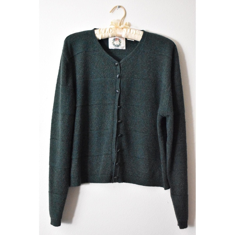 Vintage 90s Christopher & Banks Green Metallic Shimmer Button Front Cardigan L - Picture 2 of 7
